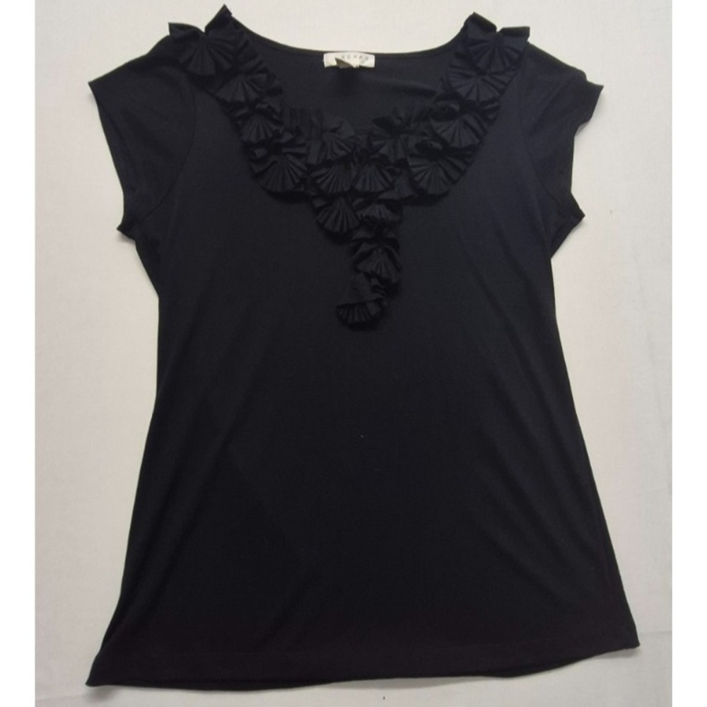 Kenar women's black ruffle neckline top blouse LG cap short sleeves EUC